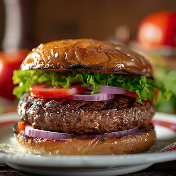 A juicy JR Diamonds diner burger with lettuce, tomato, and red onion on a toasted bun.